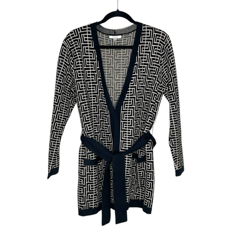 SIONI Patterned Black and Tan tie waist cardigan with pockets size Medium